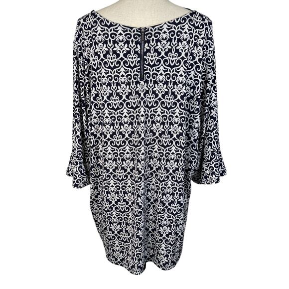 Dressbarn 3X-Large Top Geometric Stretch 3/4 Bell Sleeve Boat Neck Zip Navy Blue - Picture 5 of 10